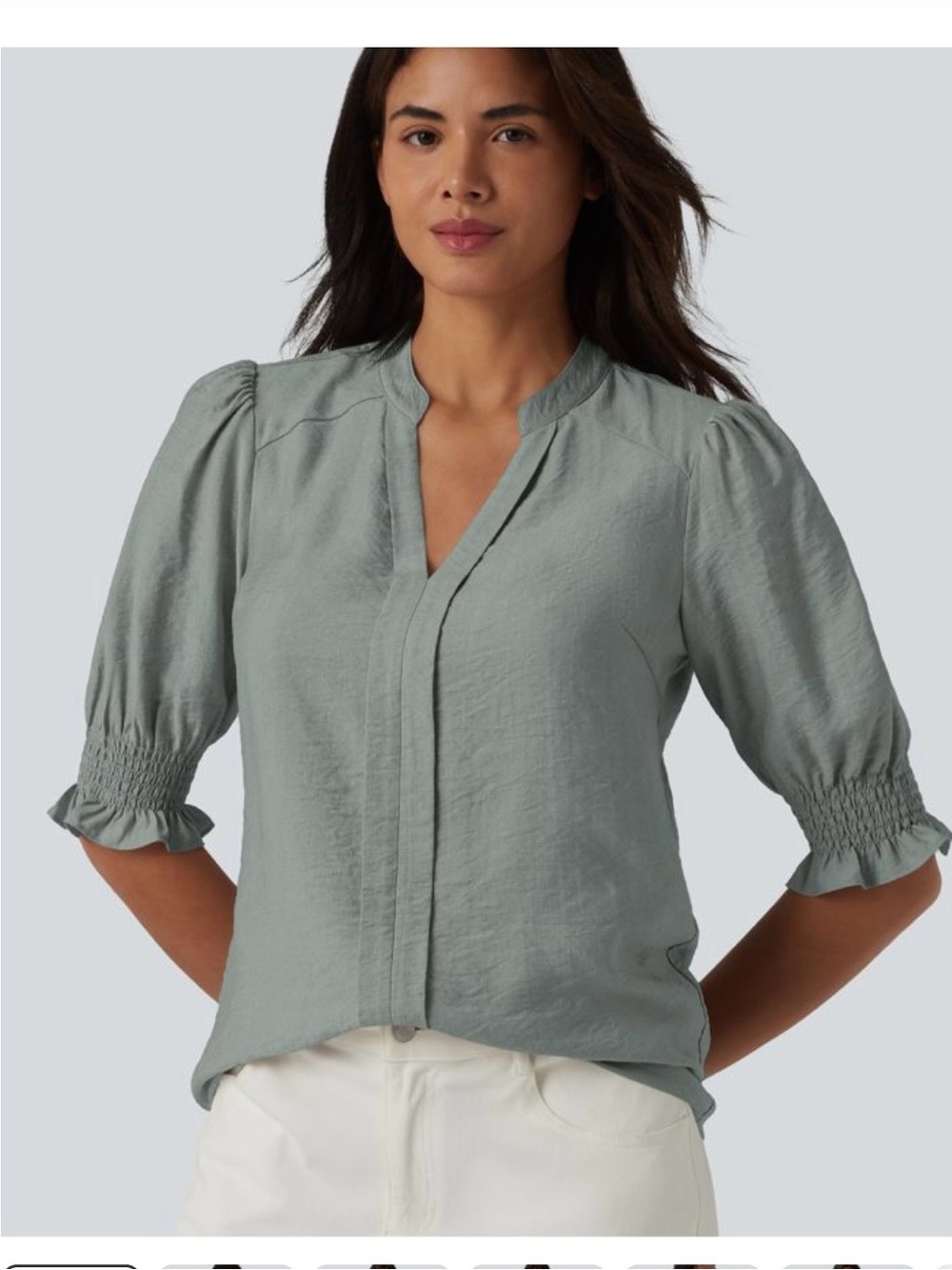 HALARA Puff Sleeve V Neck Blouse - oil blue